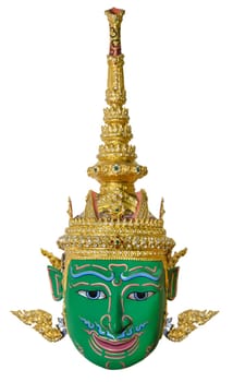 Green actor's mask used head wear for staging isolated on white background, The traditional culture pantomime in Thailand