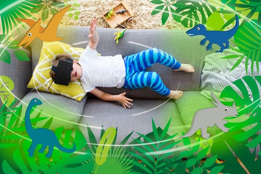 View from above of a little boy lying on his sofa with a box of dinosaurs. He is wearing a VR head set and there are dinosaur graphics around him.