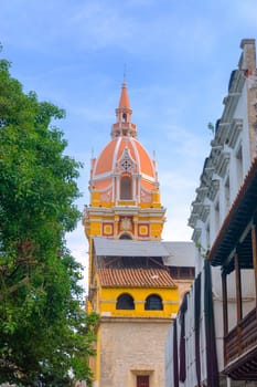 Vertical view of the pink tower of the cathedral in Cartagena, Colombia