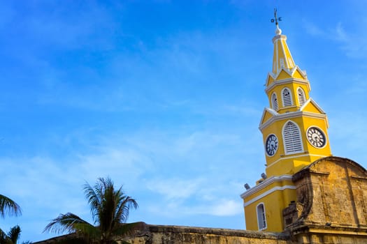 View of the clock tower gate with a beautiful blue sky in Cartagena, Colombia