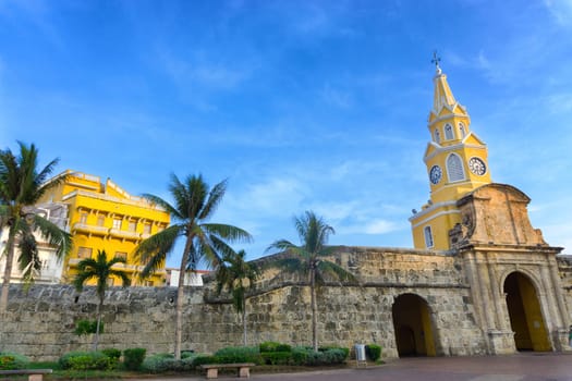 View of the clock tower gate in the walled old city in Cartagena, Colombia