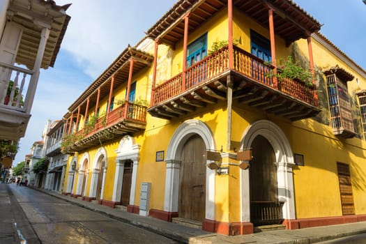 Yellow colonial street corner in Cartagena, Colombia
