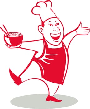 Illustration of an asian chef dancing holding serving a bowl of noodle viewed from front set on isolated white background done in cartoon style.