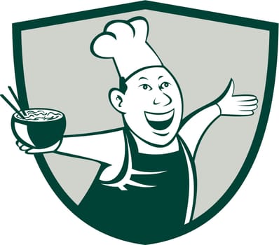 Illustration of an asian chef dancing holding serving a bowl of noodle viewed from front set inside shield crest on isolated background done in cartoon style.