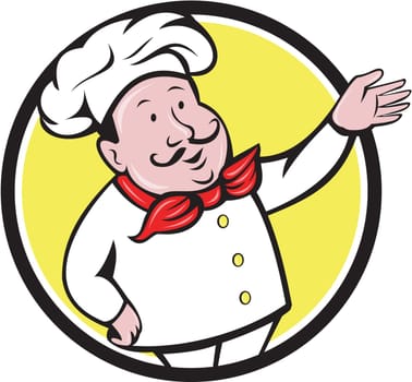 Illustration of a french chef cook baker with moustache wearing hat and bandana on neck with arm out welcoming greeting viewed from front set inside circle on isolated background done in cartoon style.