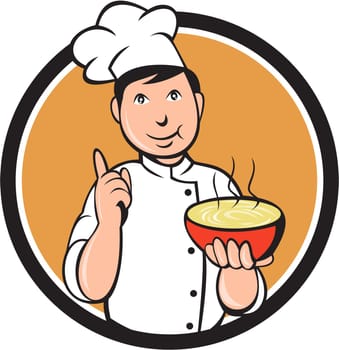 Illustration of an asian chef holding a bowl of noode and doing the number one sign with the other hand viewed from front set inside circle on isolated background done in cartoon style.