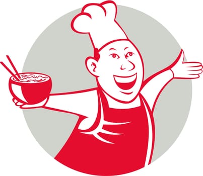 Illustration of an asian chef dancing holding serving a bowl of noodle viewed from front set inside circle on isolated background done in cartoon style.