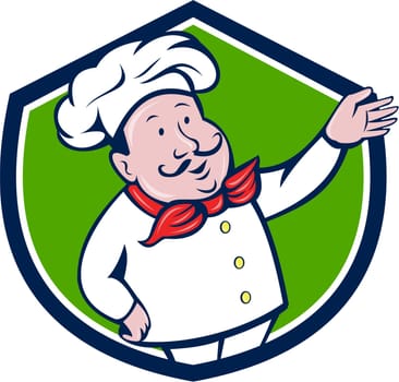 Illustration of a french chef cook baker with moustache wearing hat and bandana on neck with arm out welcoming greeting viewed from front set inside shield crest on isolated background done in cartoon style.