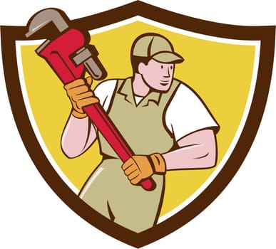 Illustration of a plumber holding giant pipe wrench looking to the side viewed from front set inside shield crest on isolated background done in cartoon style.