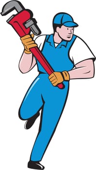 Illustration of a plumber running holding giant pipe wrench looking to the side viewed from front set on isolated white background done in cartoon style.