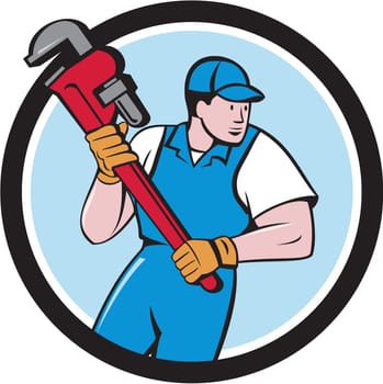 Illustration of a plumber holding giant pipe wrench looking to the side viewed from front set inside circle on isolated background done in cartoon style.