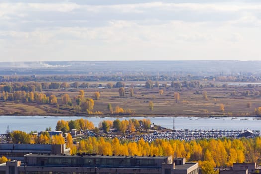 Panorama to calm river from bird flight