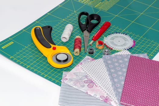 Composition of patchwork instruments, items and fabrics