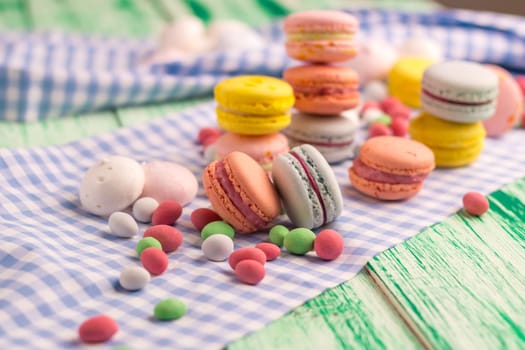 Dessert still life with sweet macaroon cookies and marshmallow