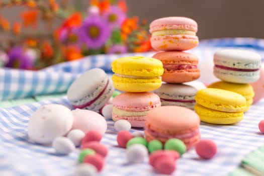 Sweet still life with macaroon cookies and marshmallow