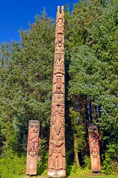 Totem Poles at a Coastal Preserve in Sitka National Historic Park in Alaska