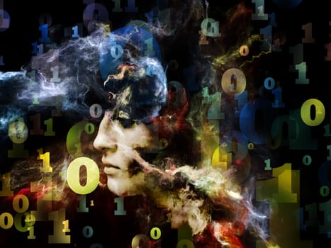 Memory of Me series. Composition of female portrait, numbers and space texture  with metaphorical relationship to art, philosophy and spirituality