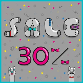 Inscription for retail. Sale Thirty percents. Gray artistic font. Vintage letters with colorful ties. Cartoon hands looking at each other. illustration
