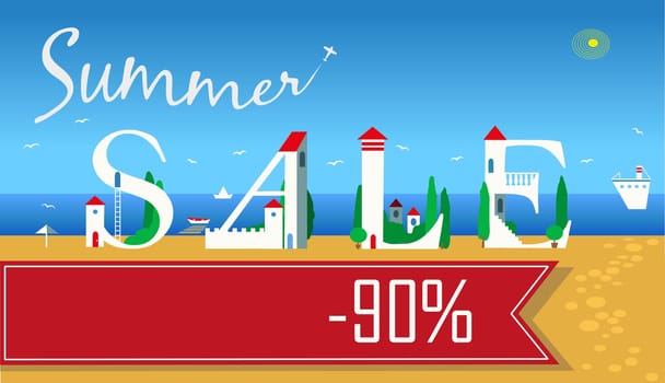 Inscription for retail. Smmer Sale. Ninety percents. Cute white houses on the coast. Plane in the sky. Banner for custom text. illustration
