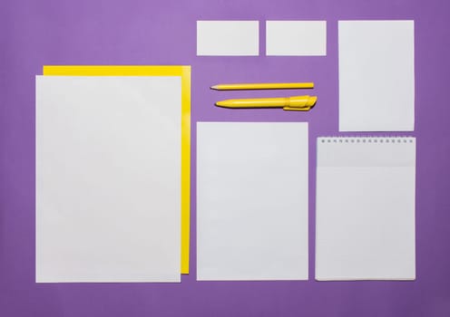 Mock-up business template with cards, papers, pen on lilac background.