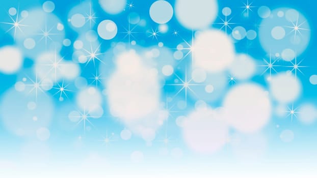 bokeh lights background with multi layers and colors of white silver and blue with snowflakes overlay