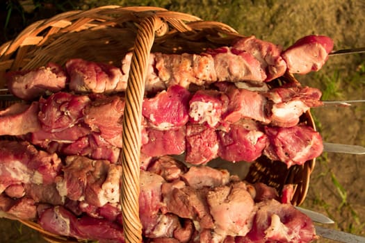 Crude shish kebab skewer in a basket