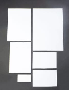 Mock-up business template with cards, papers, pen on gray background.