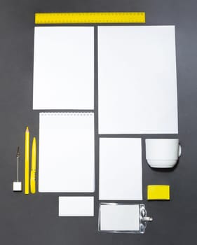 Mock-up business template with cards, papers, pen on gray background.