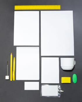 Mock-up business template with cards, papers, pen on gray background.