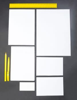 Mock-up business template with cards, papers, pen on gray background.