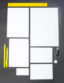 Mock-up business template with cards, papers, pen on gray background.