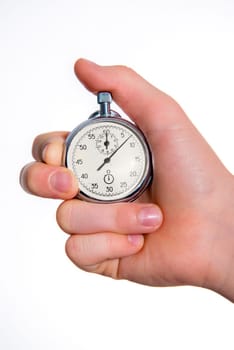 hand with stopp watch in front of white background