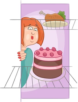 Cartoon Humorous Illustration of Gourmand Woman on Diet Looking into Fridge