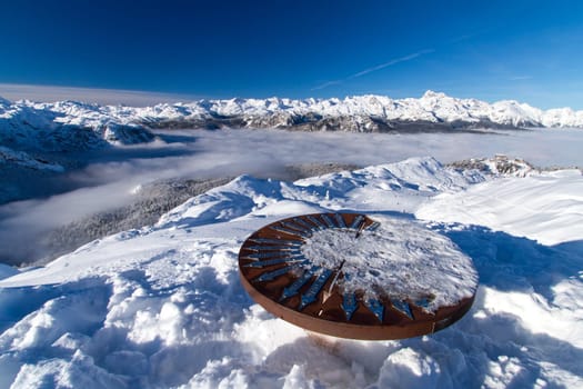 Orientation table on top of mountain Vogel, ski slope in slovenian Alps, Slovenia.