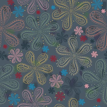 Pink, blue and yellow flowers with watercolor background. illustration. Graceful floral seamless pattern.