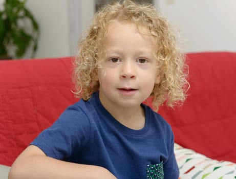 a portrait of a little boy with blond curly hair