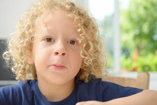 a portrait of a little boy with blond curly hair