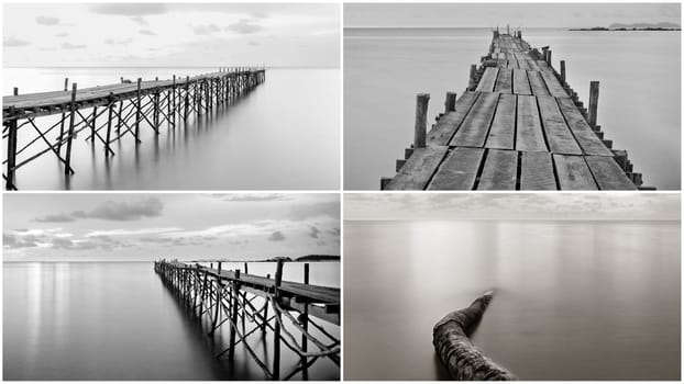 Photo collage with black and white photography of beach wooden pier