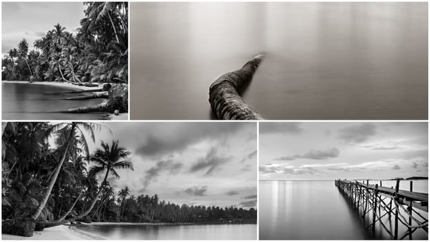 Photo collage with black and white photography of beach wooden pier
