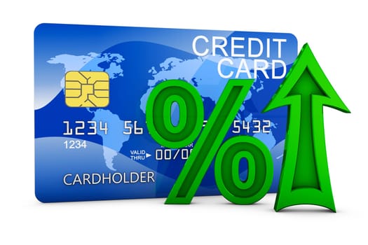 arrow percentages and credit card. 3d render.
