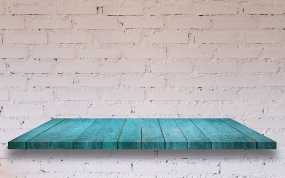 Top of blue wooden shelf with white brick wall decorated in coffee shop