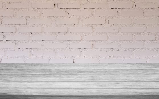 Top of black and white wooden table with white brick wall decorated in coffee shop