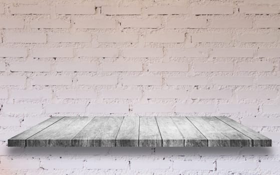 Top of black and white wooden shelf with white brick wall decorated in coffee shop