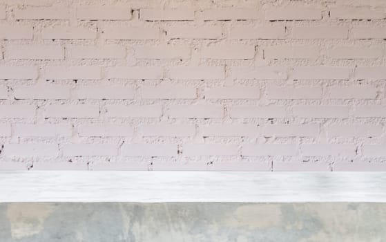 Concrete table top with brick wall decorated in coffee shop