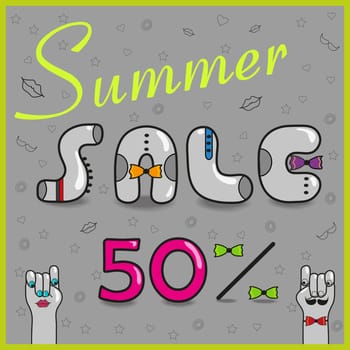 Inscription summer sale with hipster style. Fifty percents. Gray letters with colorful ties. Cartoon hands looking at each other. Illustration.