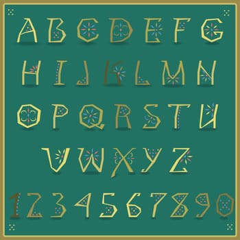 Golden Alphabet with ethnic ornament. Artistic yellow font with green background. Illustration.