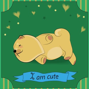 Cute Sleeping puppy Chow-chow. Yellow dog. Blue banner for custom text. Green greeting card. Illustration.