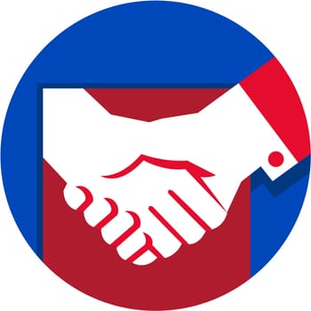 Illustration of a hand shaking business deal set inside circle done in retro style.