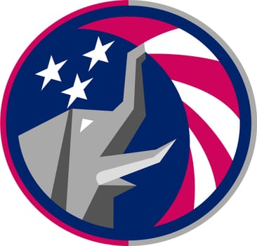 Illustration of an American Republican GOP elephant mascot viewed from the side set inside circle with USA stars and stripes flag in the background done in retro style.