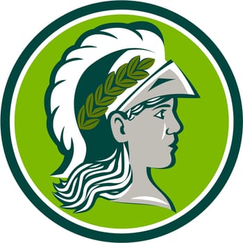 Illustration of Minerva or Menrva, the Roman goddess of wisdom and sponsor of arts, trade, and strategy wearing helmet and laurel crown viewed from side set inside circle on isolated white background done in retro style.